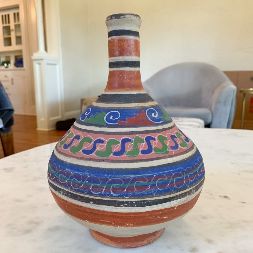 Vintage Pottery Water Jug, Mexican Folk Art